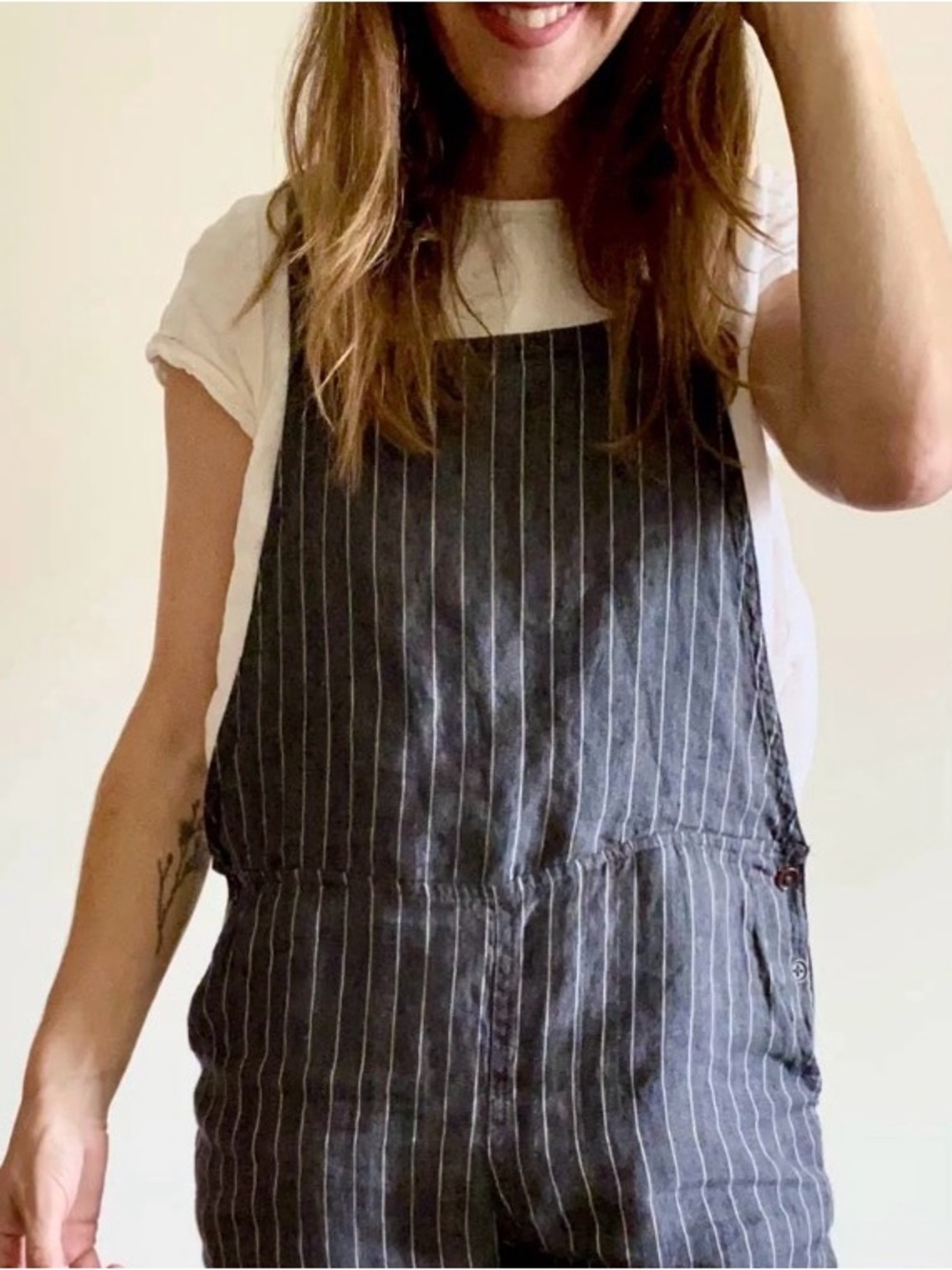 PYNE & SMITH Flax Linen Shortalls No. 11 Blue Chambray Stripe Size XS